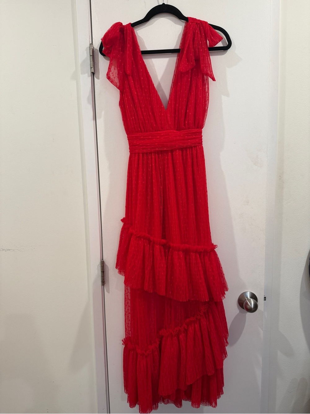 VICI Red Swiss Dot Tiered Ruffle Midi Dress | Medium